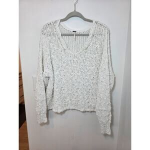 Free People Women M White Sweater Chunky Boho Cottage V-Neck Slouchy Oversized